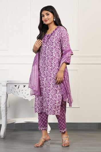 Womens Purple Cotton All-Over Printed Calf Length Kurta And Pant With Dupatta Set