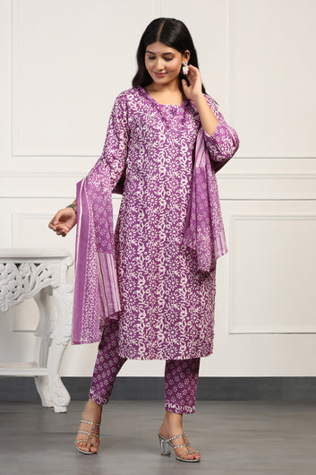 Womens Purple Cotton All-Over Printed Calf Length Kurta And Pant With Dupatta Set