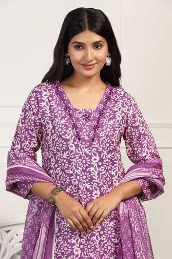 Womens Purple Cotton All-Over Printed Calf Length Kurta And Pant With Dupatta Set