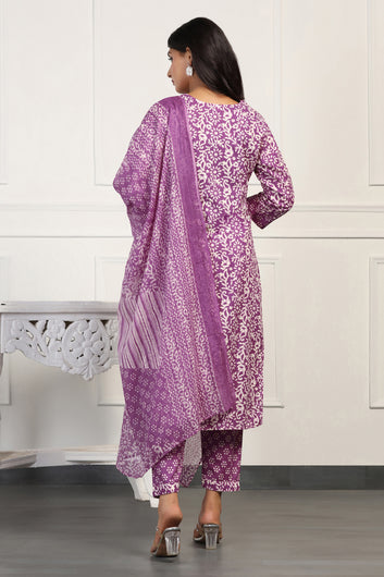 Womens Purple Cotton All-Over Printed Calf Length Kurta And Pant With Dupatta Set