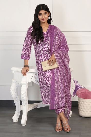 Womens Purple Cotton All-Over Printed Calf Length Kurta And Pant With Dupatta Set