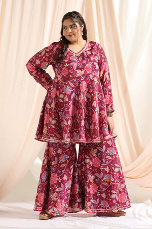 Women’s Plus Size Wine Floral Printed Kurta With Sharara Set