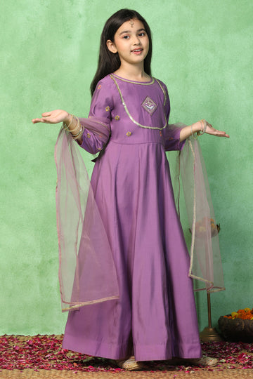Girls Purple Chanderi Embroidered Fit & Flare Maxi Length Dress With Dupatta Set
