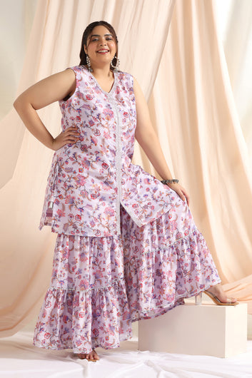 Women’s Plus Size Lavender Floral Printed Kurta With Sharara Set