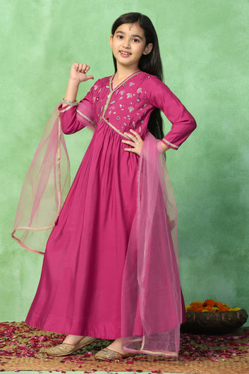 Girl's Pink Chanderi Silk Embroidered Maxi Dress with Dupatta