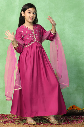 Girl's Pink Chanderi Silk Embroidered Maxi Dress with Dupatta