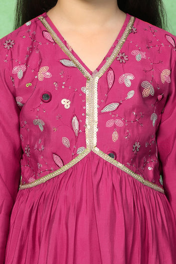 Girl's Pink Chanderi Silk Embroidered Maxi Dress with Dupatta
