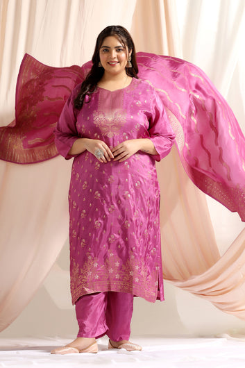 Women's Plus Size Lilac Dola Silk Jacquard Work Kurta Set With Dupatta