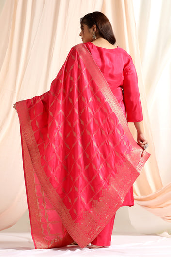 Women's Plus Size Rani Dola Silk Jacquard Work Kurta Set With Dupatta