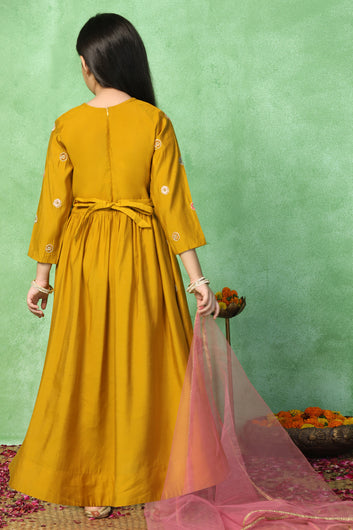Girls Mustard Chanderi Silk Embroidered Maxi Dress With Dupatta