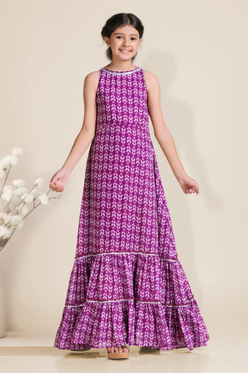 Girls Purple Georgette Tiered And Flared Maxi Dress
