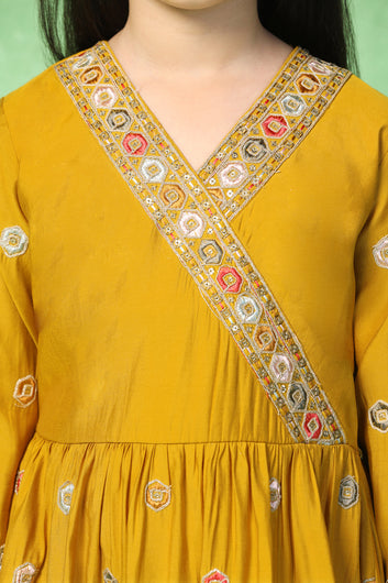 Girls Mustard Chanderi Silk Embroidered Maxi Dress With Dupatta