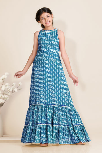 Girls Blue Cotton Blend Printed Ruffle Tiered Maxi Length Dress