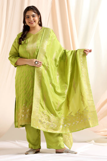 Women's Plus Size Light Green Dola Silk Jacquard Work Kurta Set With Dupatta