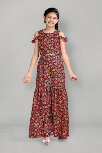 Girl’s Maroon Polyester Blend Cold Shoulder Top with Sharara Pant Set