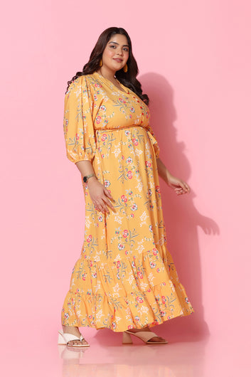 Womens Plus Size Yellow Floral Printed Tiered Maxi Dress