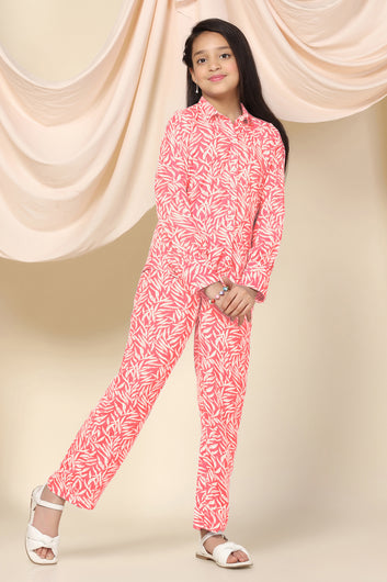 Girls Peach Cotton Blend Leaf Printed Top With Trouser Set