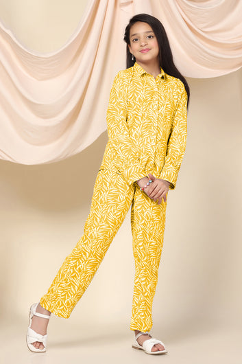 Girls Yellow Cotton Blend Leaf Printed Top With Trouser Set