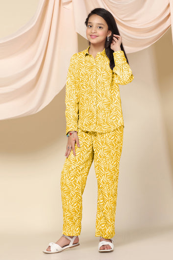 Girls Yellow Cotton Blend Leaf Printed Top With Trouser Set