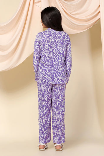 Girls Purple BSY Polyester All-Over Printed Top With Pant Set