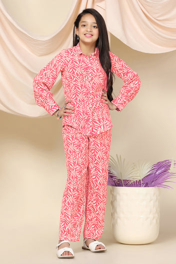 Girls Peach Cotton Blend Leaf Printed Top With Trouser Set