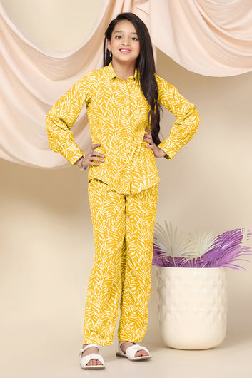 Girls Yellow Cotton Blend Leaf Printed Top With Trouser Set