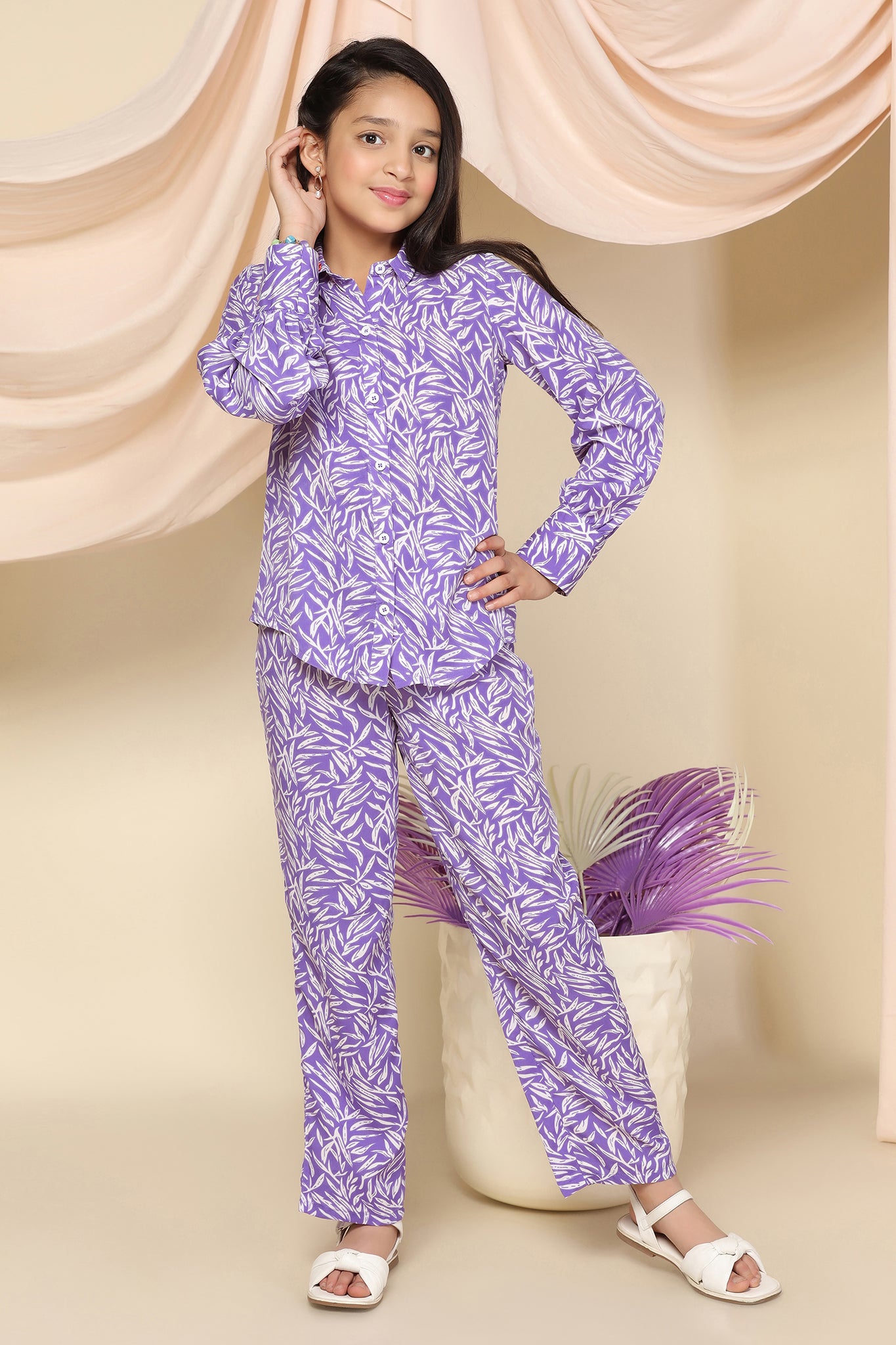 Girls Purple BSY Polyester All-Over Printed Top With Pant Set