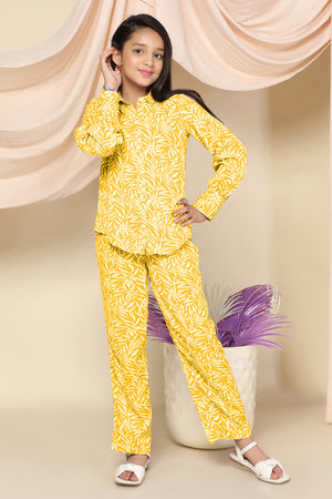 Girls Yellow Cotton Blend Leaf Printed Top With Trouser Set