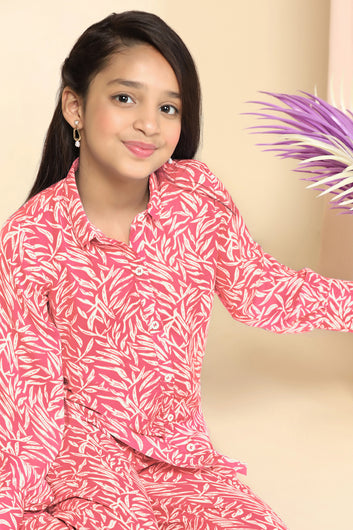 Girls Peach Cotton Blend Leaf Printed Top With Trouser Set