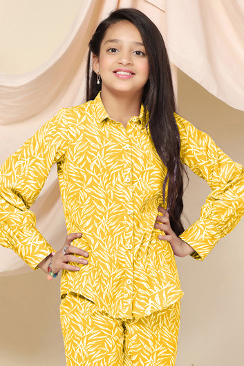 Girls Yellow Cotton Blend Leaf Printed Top With Trouser Set