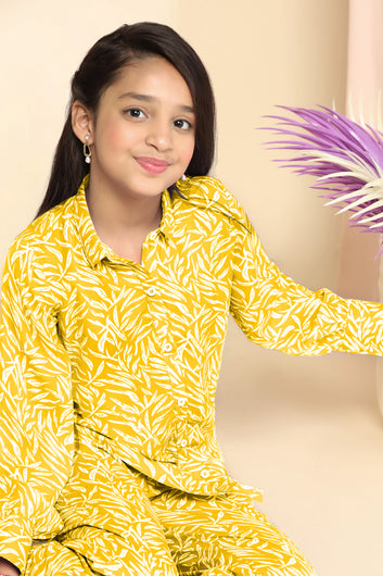 Girls Yellow Cotton Blend Leaf Printed Top With Trouser Set