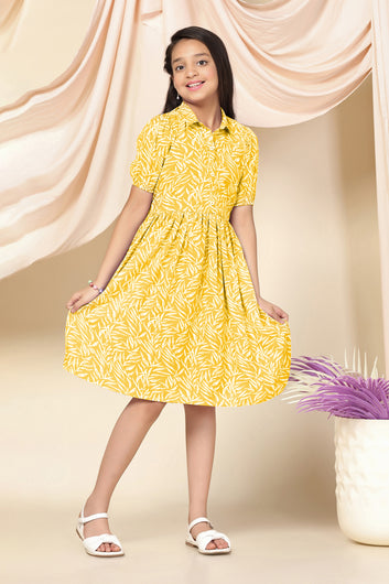 Girls Yellow Cotton Blend Leaf Printed Fit & Flare Knee Length Dress