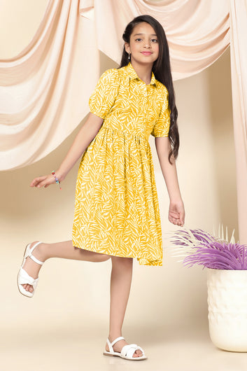 Girls Yellow Cotton Blend Leaf Printed Fit & Flare Knee Length Dress