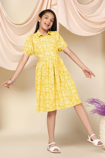 Girls Yellow Cotton Blend Leaf Printed Fit & Flare Knee Length Dress