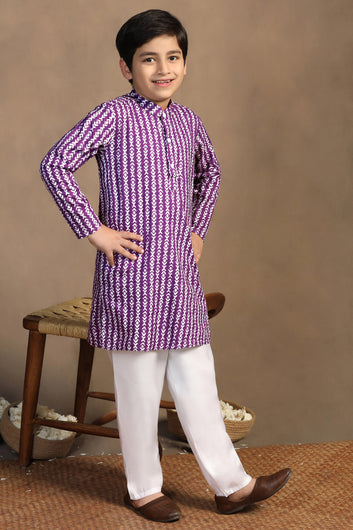 Boys Purple Cotton Printed Straight Kurta With Payjama Set