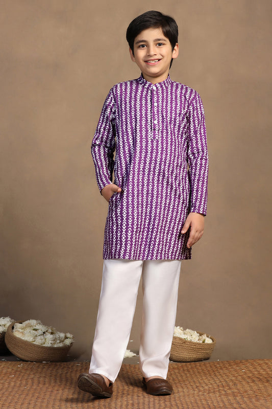 Boys Purple Cotton Printed Straight Kurta With Payjama Set