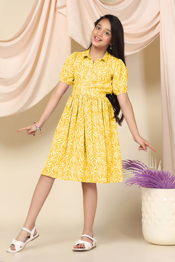 Girls Yellow Cotton Blend Leaf Printed Fit & Flare Knee Length Dress