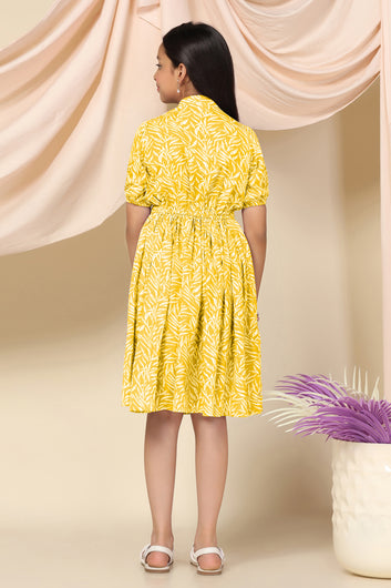 Girls Yellow Cotton Blend Leaf Printed Fit & Flare Knee Length Dress