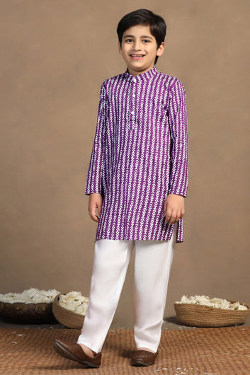 Boys Purple Cotton Printed Straight Kurta With Payjama Set