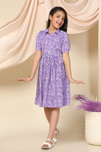 Girls Purple BSY Polyester Leaf Printed Knee Length Dress