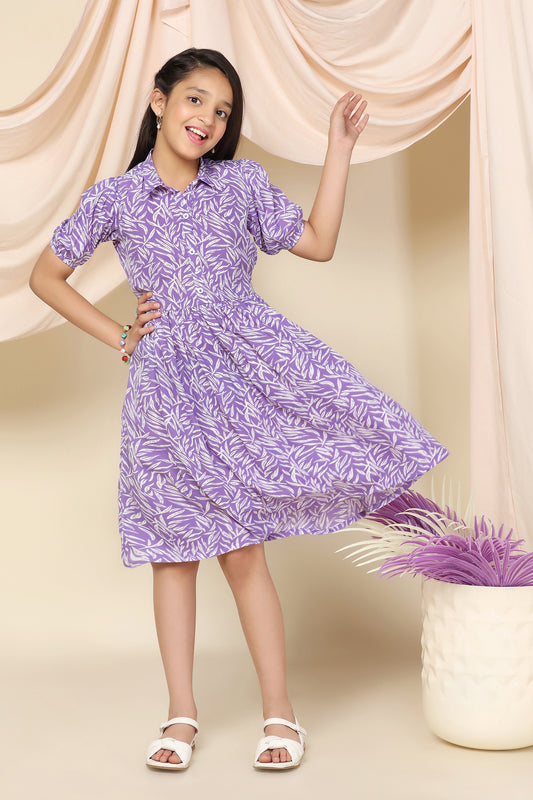 Girls Purple BSY Polyester Leaf Printed Knee Length Dress
