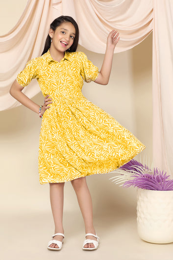 Girls Yellow Cotton Blend Leaf Printed Fit & Flare Knee Length Dress