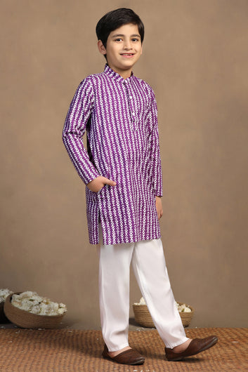 Boys Purple Cotton Printed Straight Kurta With Payjama Set