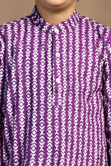 Boys Purple Cotton Printed Straight Kurta With Payjama Set