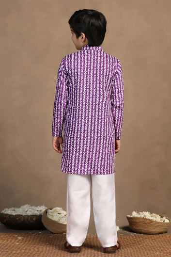 Boys Purple Cotton Printed Straight Kurta With Payjama Set