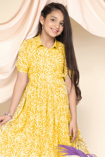 Girls Yellow Cotton Blend Leaf Printed Fit & Flare Knee Length Dress