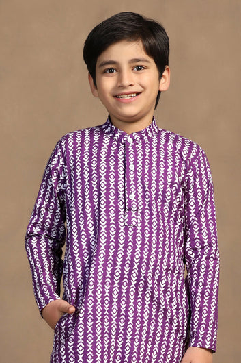 Boys Purple Cotton Printed Straight Kurta With Payjama Set