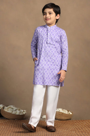 Boys Purple Cotton Printed Straight Kurta With Payjama Set