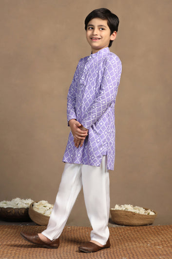 Boys Purple Cotton Printed Straight Kurta With Payjama Set