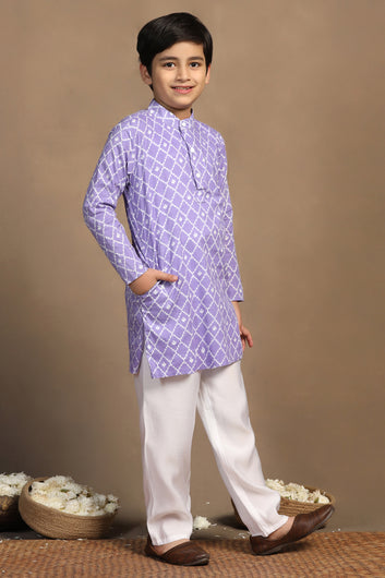 Boys Purple Cotton Printed Straight Kurta With Payjama Set